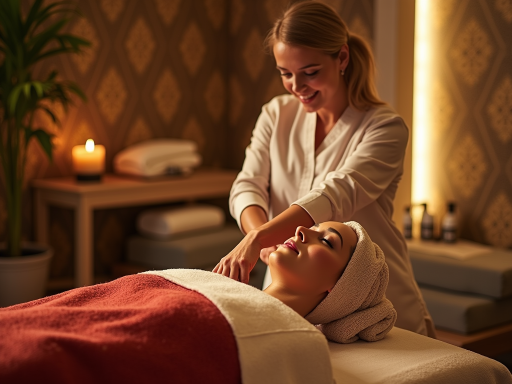 Therapist giving a facial massage to a relaxed woman in a cozy spa setting.