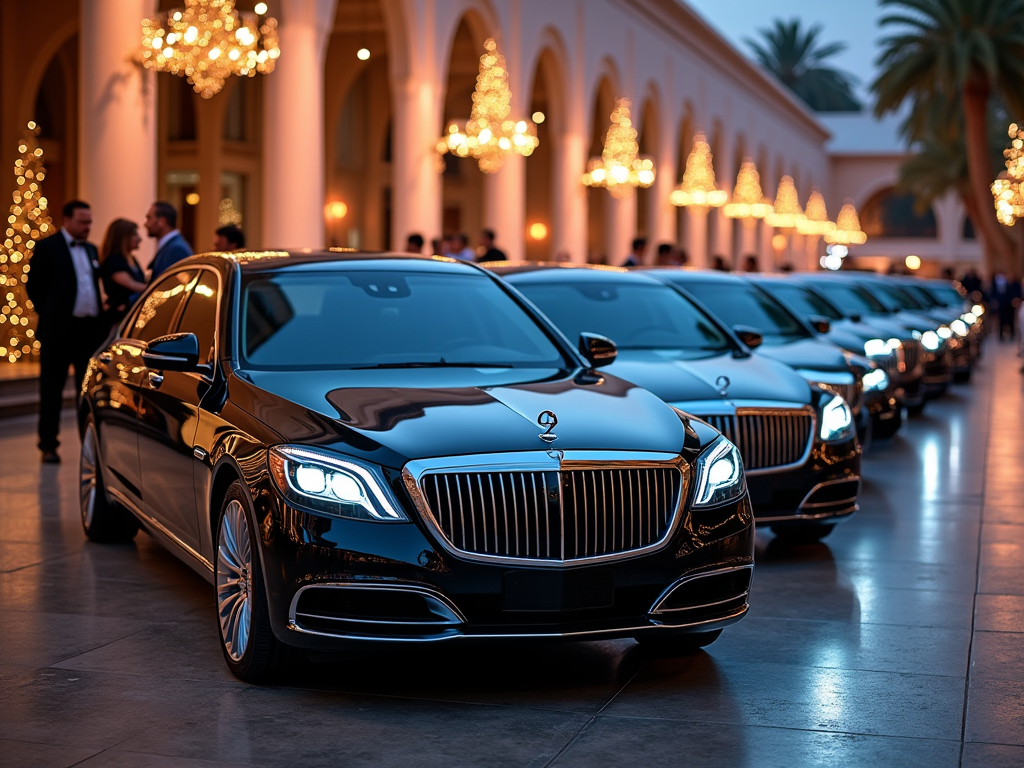 Row of luxury cars parked at an upscale evening event with people chatting in the background.