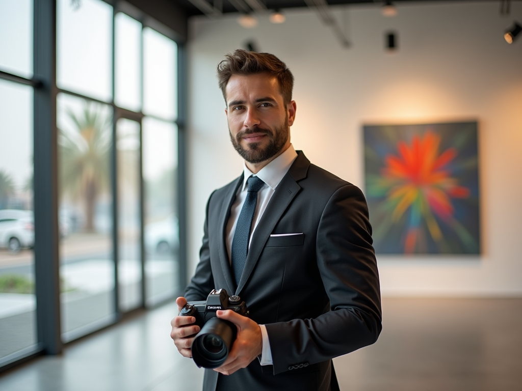 Smiling man in a suit holding a camera in a modern gallery with art and large windows.