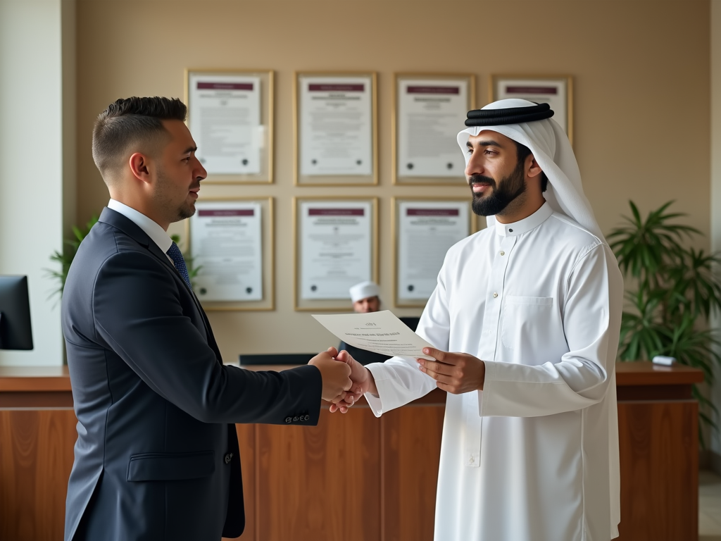 Two men in business attire shaking hands, one in a suit and one in traditional Emirati dress.